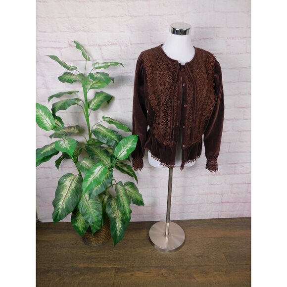 Vintage Japan Velvet Lace Victorian Prairie Blouse Boho Cottagecore L - Picture 2 of 12